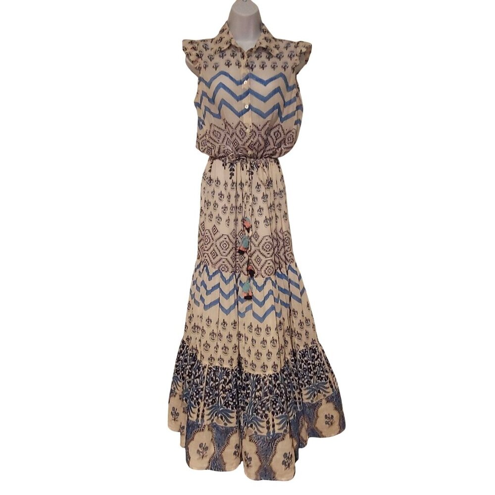 Sleeveless Boho Maxi Dress in Beige and Blue